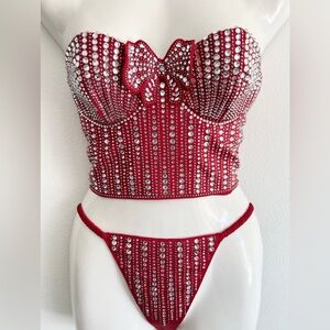 Red Rhinestone Embellished Strapless Top and Bottom Set